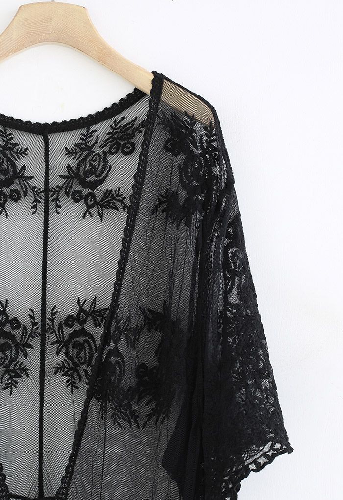 Floral Embroidery Self-Tie Front Kimono in Black