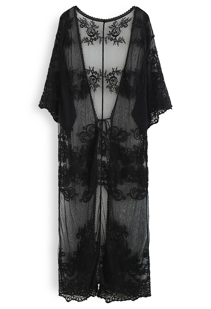 Floral Embroidery Self-Tie Front Kimono in Black
