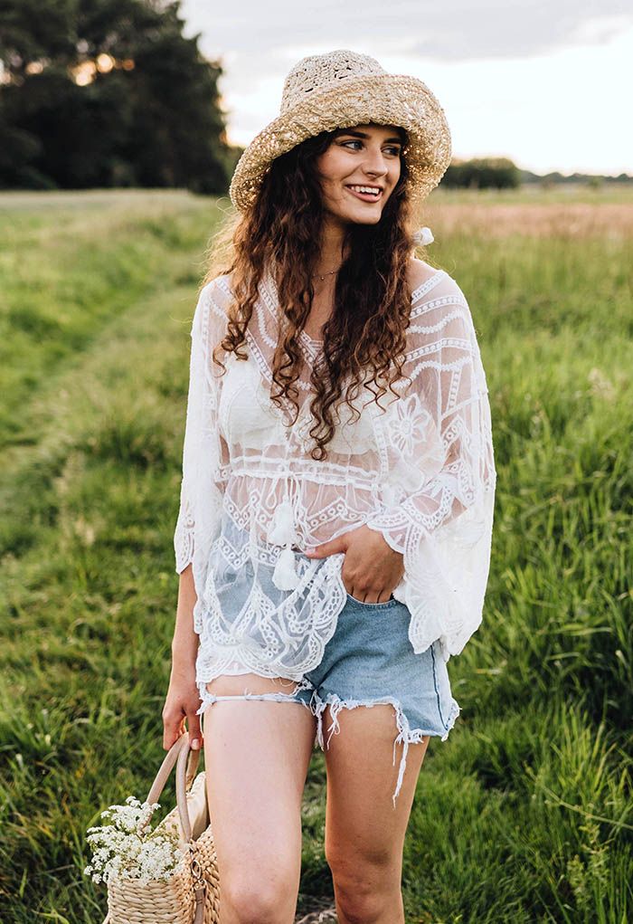 Geometric Embroidered Tassel Drawstring Cover Up