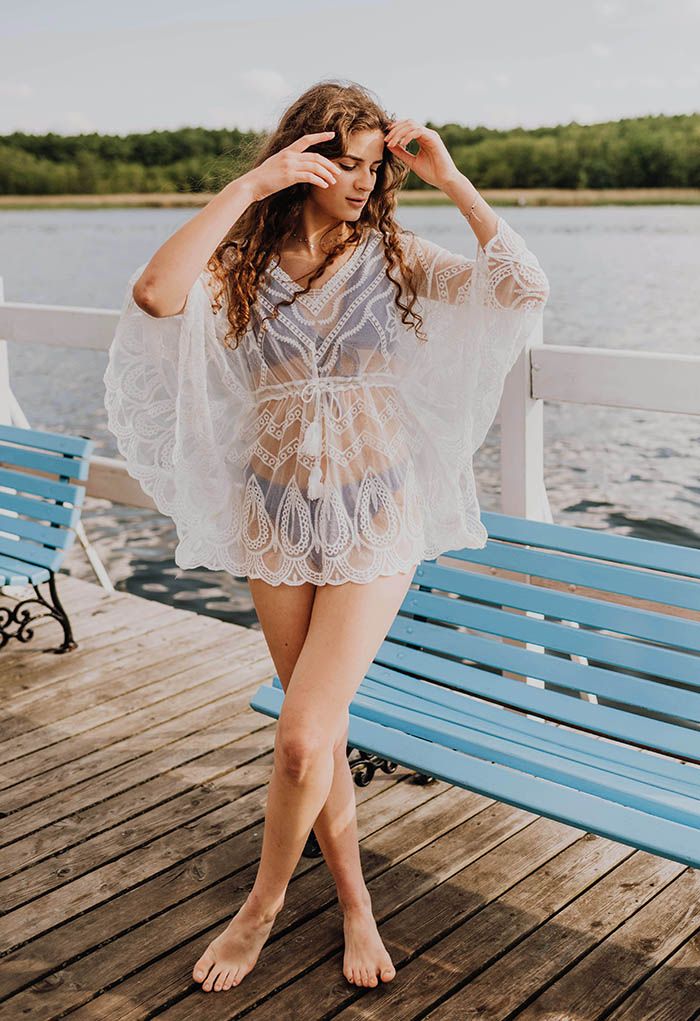 Geometric Embroidered Tassel Drawstring Cover Up