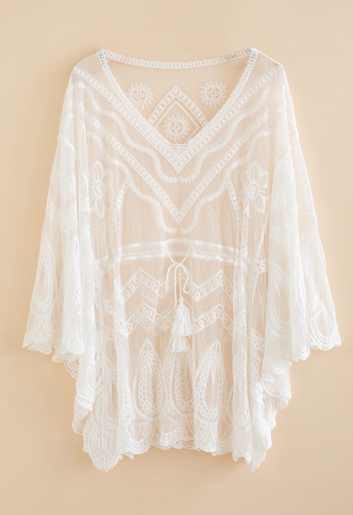 Geometric Embroidered Tassel Drawstring Cover Up