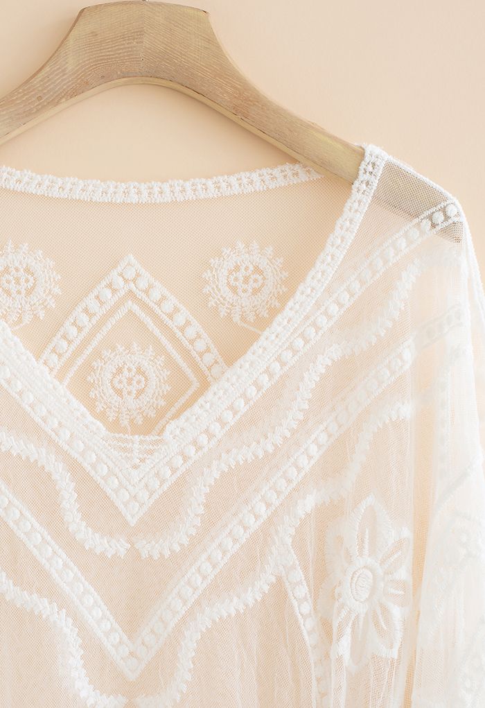 Geometric Embroidered Tassel Drawstring Cover Up