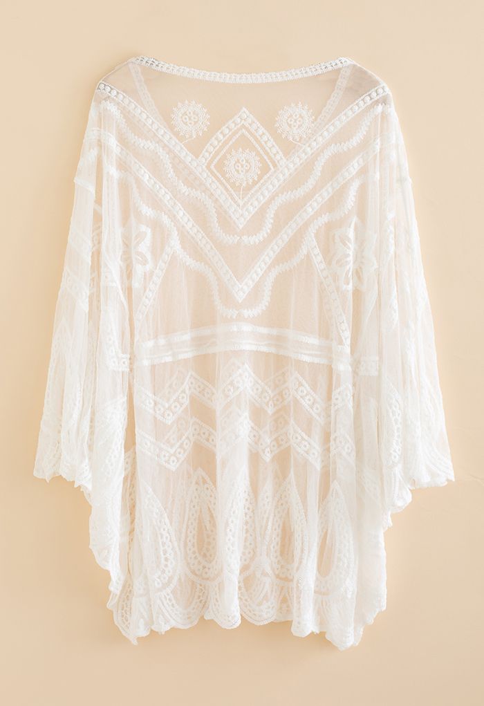 Geometric Embroidered Tassel Drawstring Cover Up