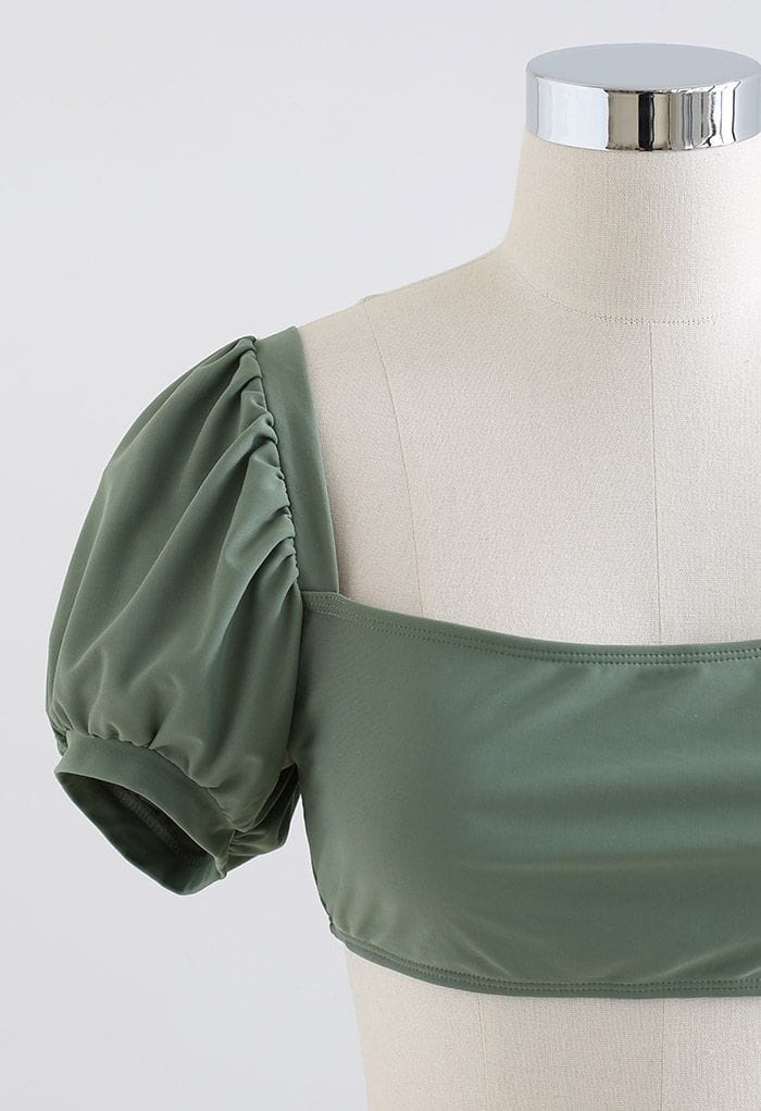 Square Neck Tie Knot Bikini Set in Army Green