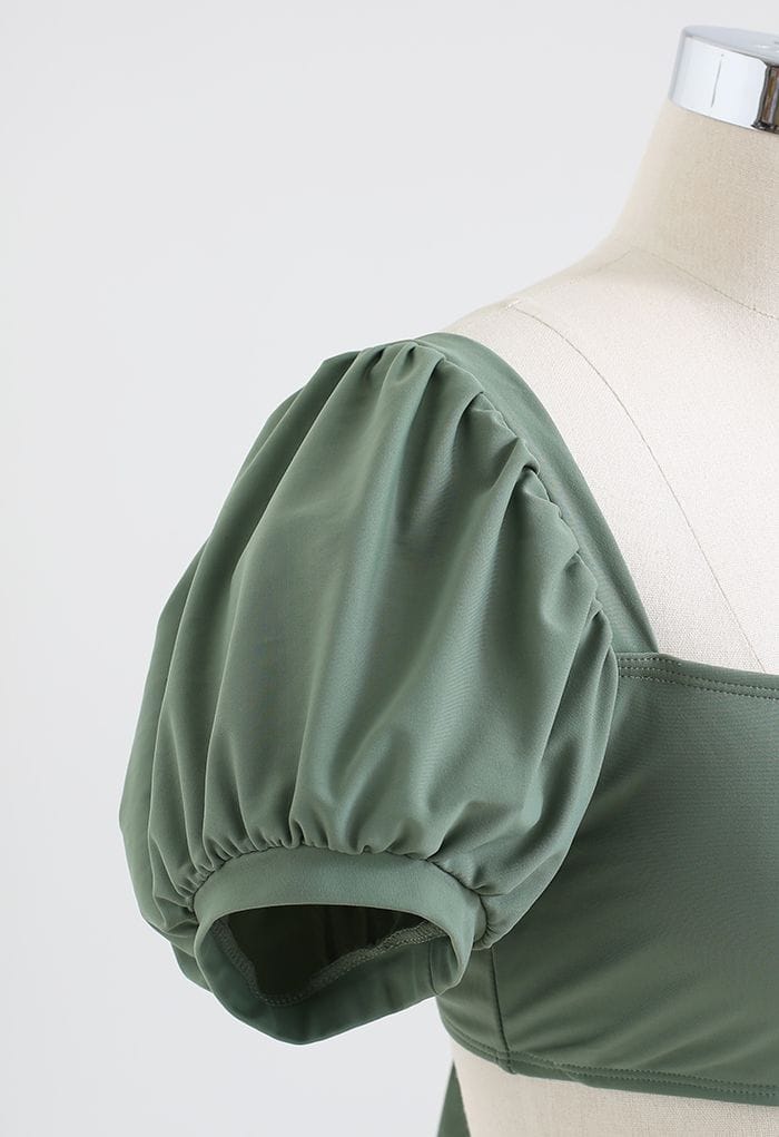 Square Neck Tie Knot Bikini Set in Army Green