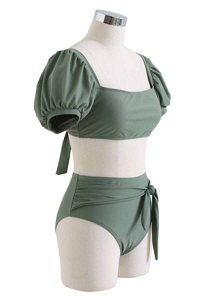 Square Neck Tie Knot Bikini Set in Army Green