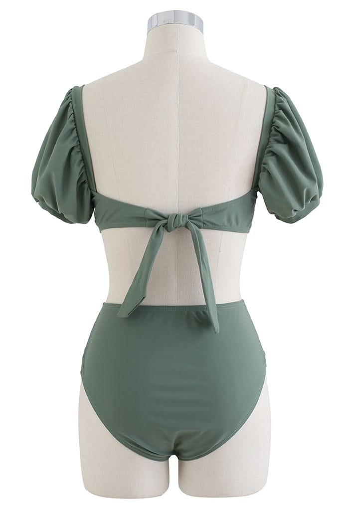 Square Neck Tie Knot Bikini Set in Army Green