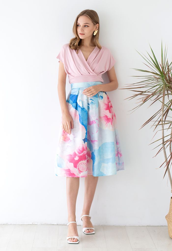 Bloom in Watercolor Printed Midi Skirt 