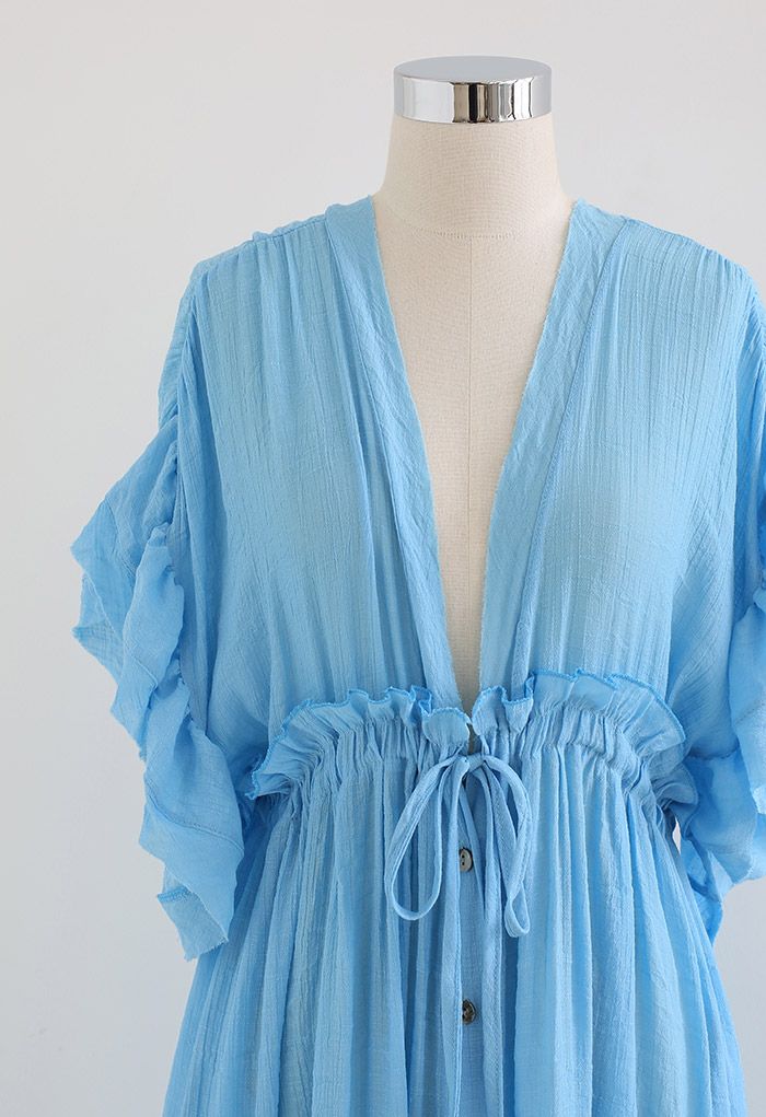 Ruffle Sleeves Deep V-Neck Cover Up in Blue