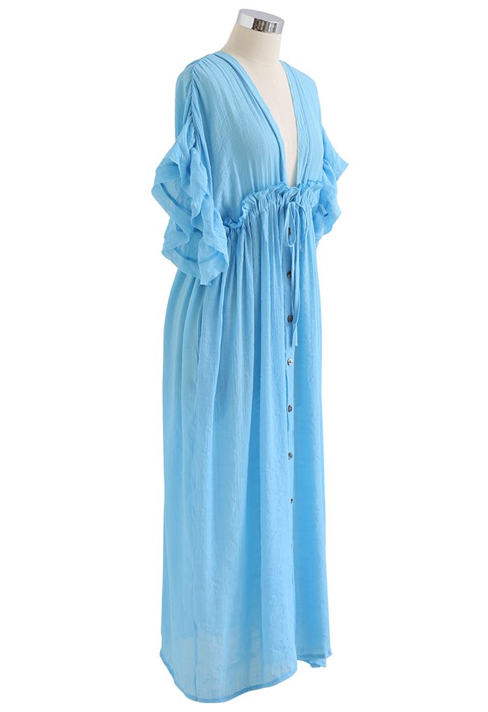Ruffle Sleeves Deep V-Neck Cover Up in Blue