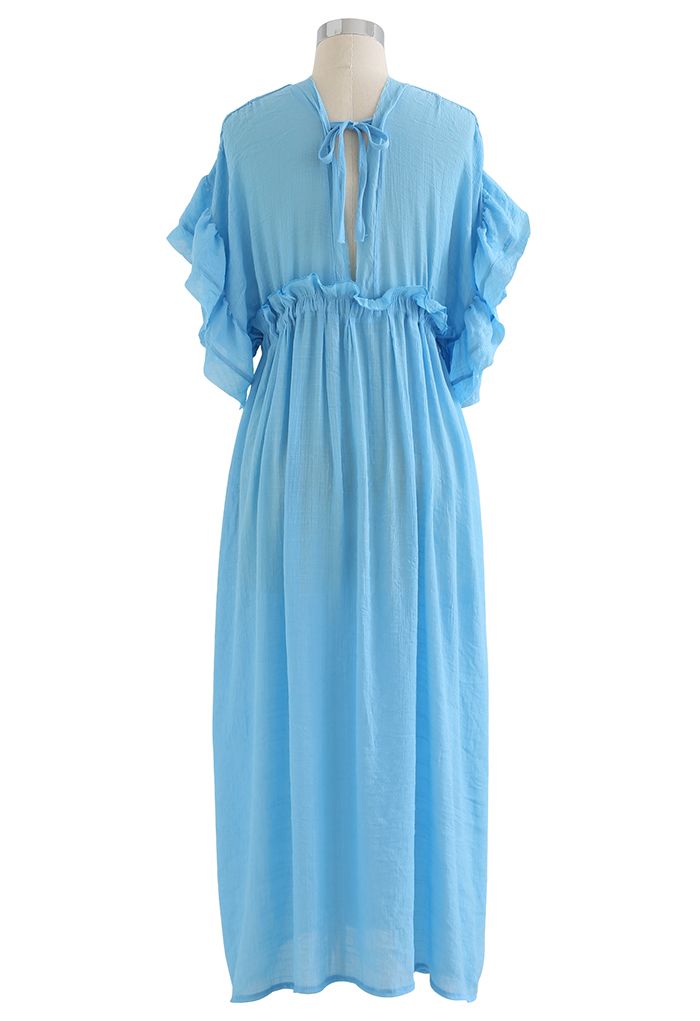 Ruffle Sleeves Deep V-Neck Cover Up in Blue
