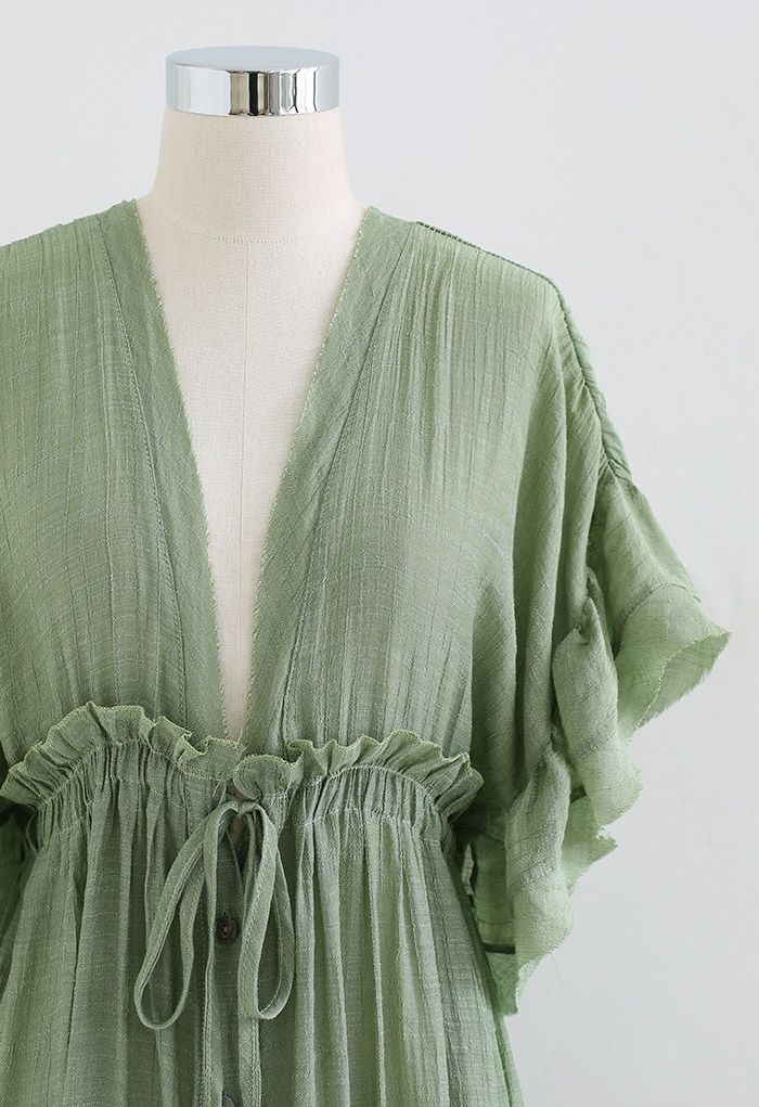 Ruffle Sleeves Deep V-Neck Cover Up in Pea Green