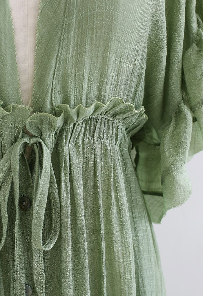 Ruffle Sleeves Deep V-Neck Cover Up in Pea Green
