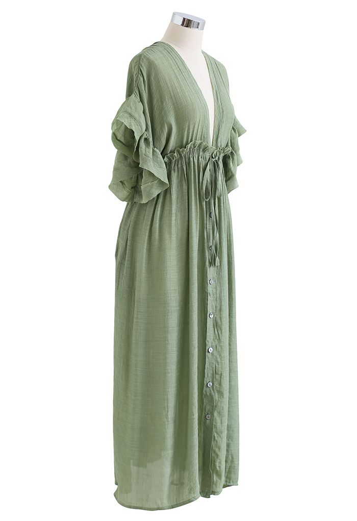Ruffle Sleeves Deep V-Neck Cover Up in Pea Green