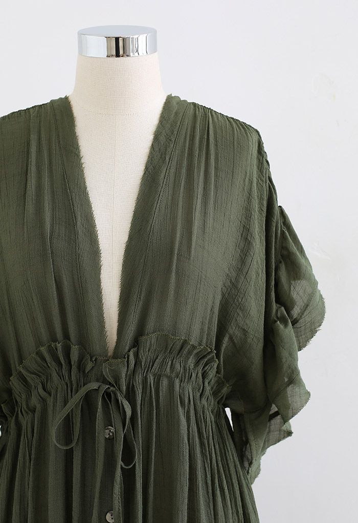 Ruffle Sleeves Deep V-Neck Cover Up in Army Green