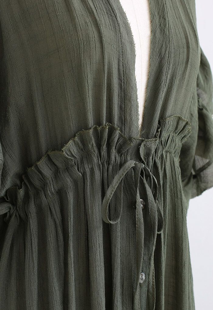 Ruffle Sleeves Deep V-Neck Cover Up in Army Green