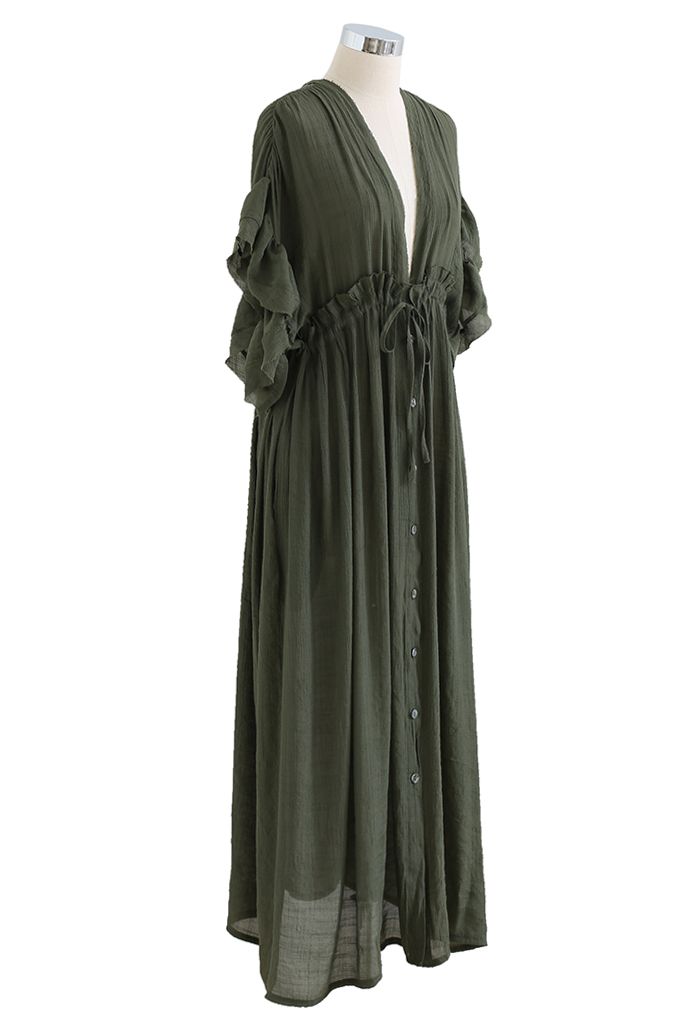 Ruffle Sleeves Deep V-Neck Cover Up in Army Green