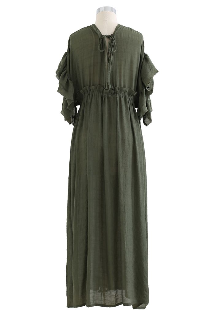 Ruffle Sleeves Deep V-Neck Cover Up in Army Green