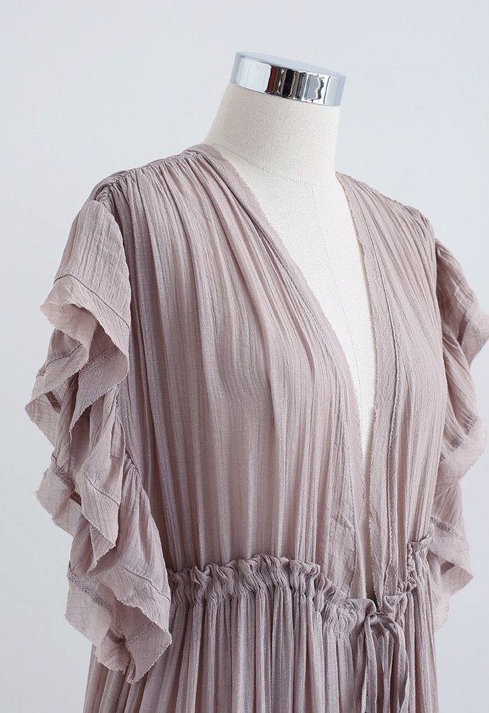 Ruffle Sleeves Deep V-Neck Cover Up in Taupe