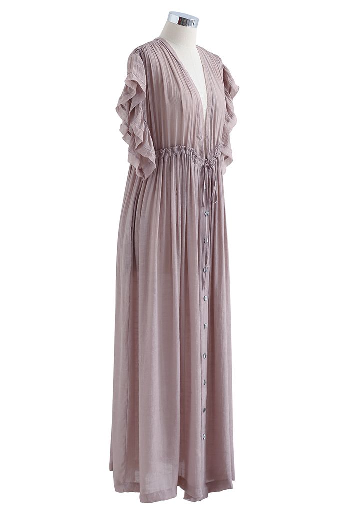 Ruffle Sleeves Deep V-Neck Cover Up in Taupe