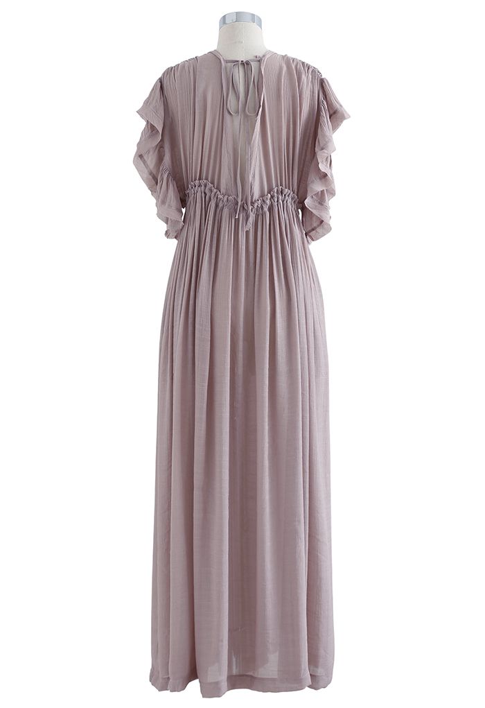 Ruffle Sleeves Deep V-Neck Cover Up in Taupe