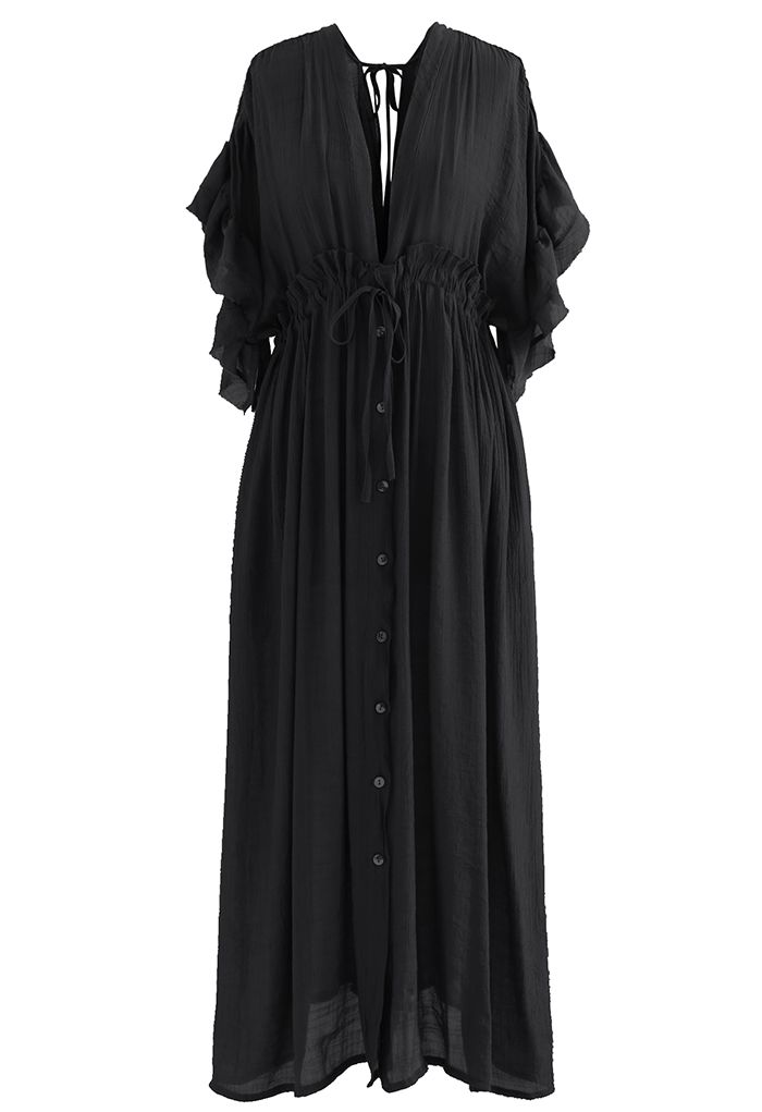 Ruffle Sleeves Deep V-Neck Cover Up in Black