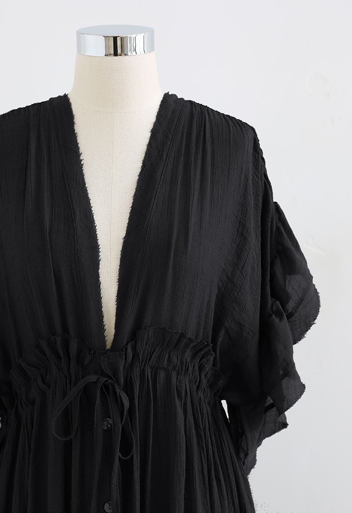 Ruffle Sleeves Deep V-Neck Cover Up in Black
