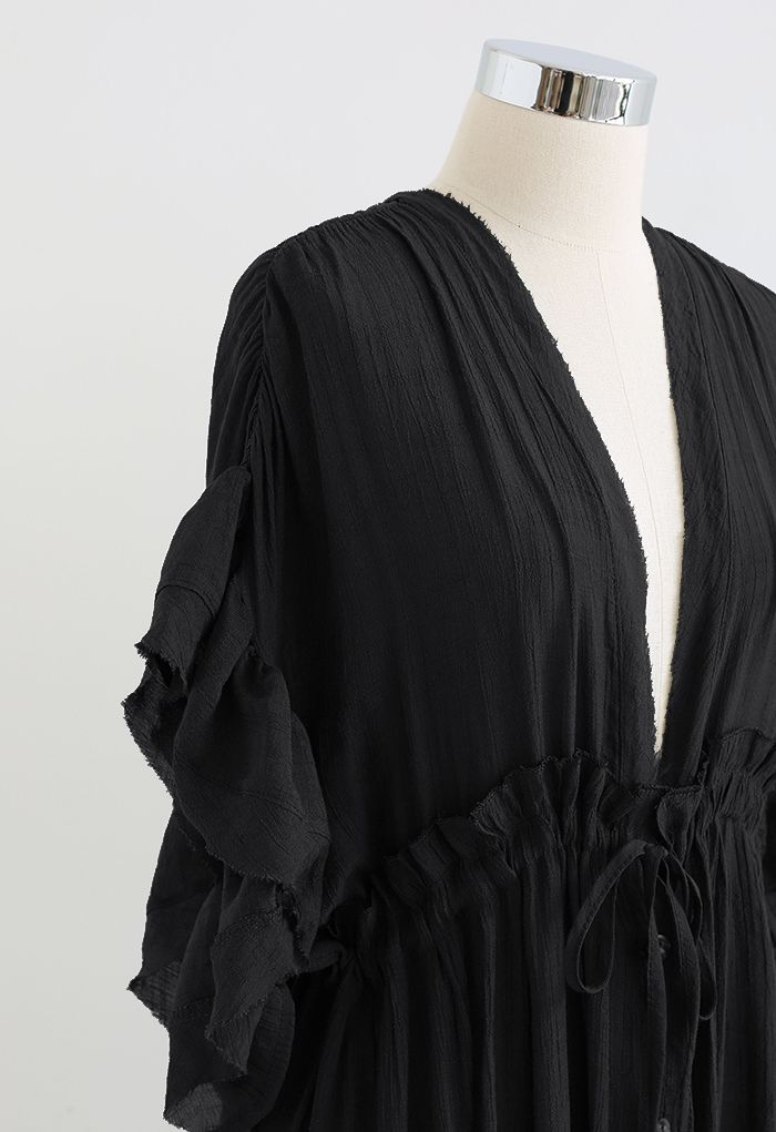 Ruffle Sleeves Deep V-Neck Cover Up in Black