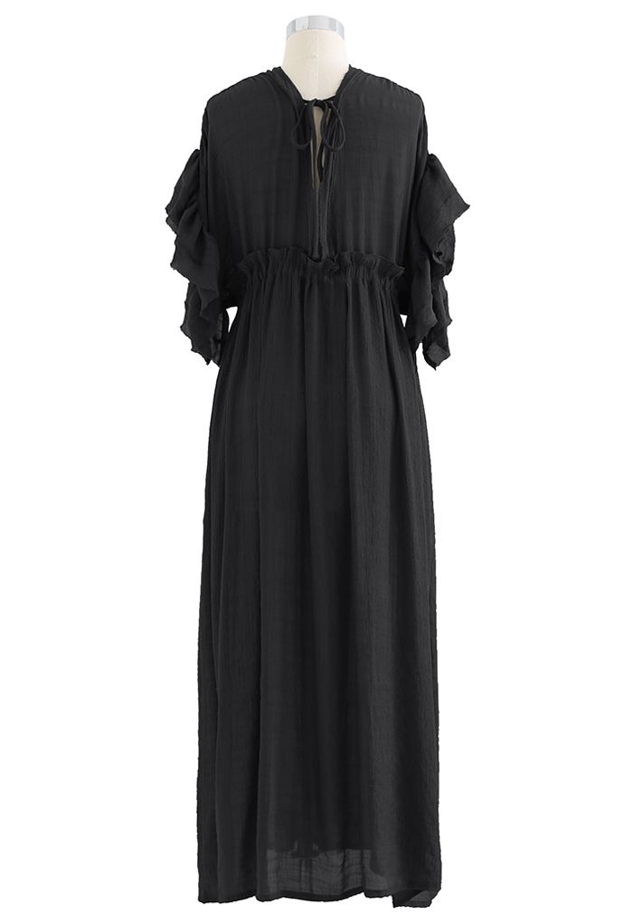 Ruffle Sleeves Deep V-Neck Cover Up in Black