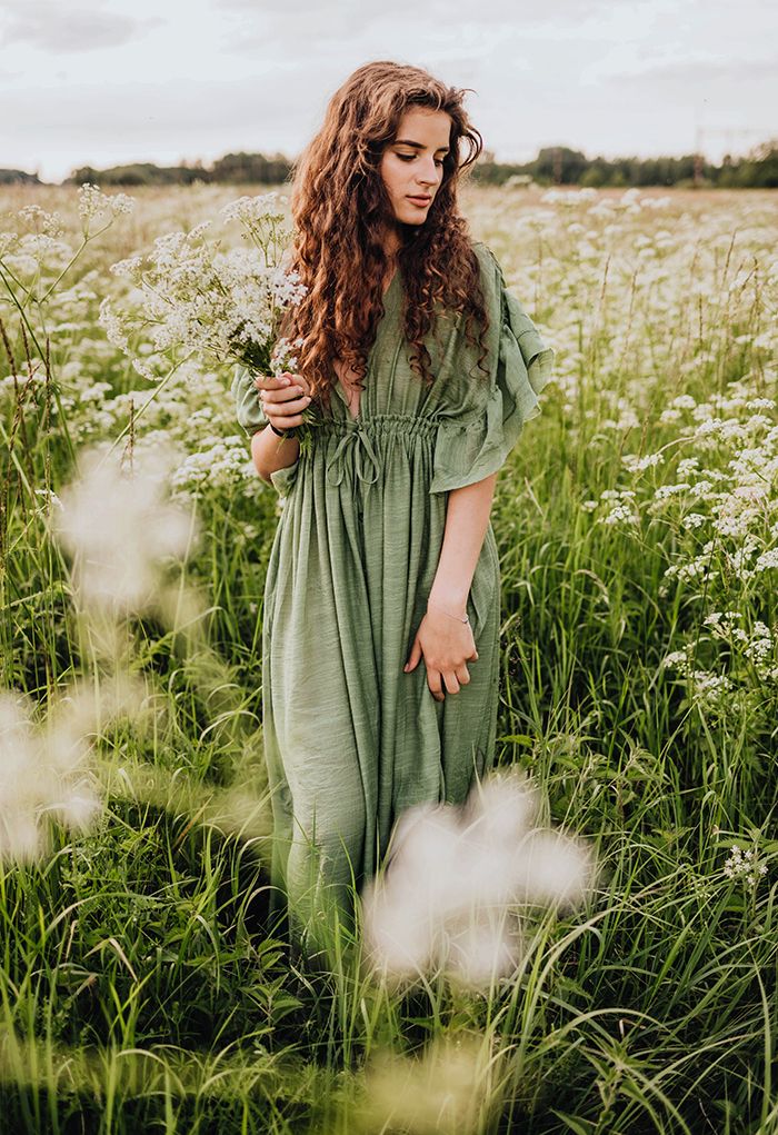 Ruffle Sleeves Deep V-Neck Cover Up in Pea Green