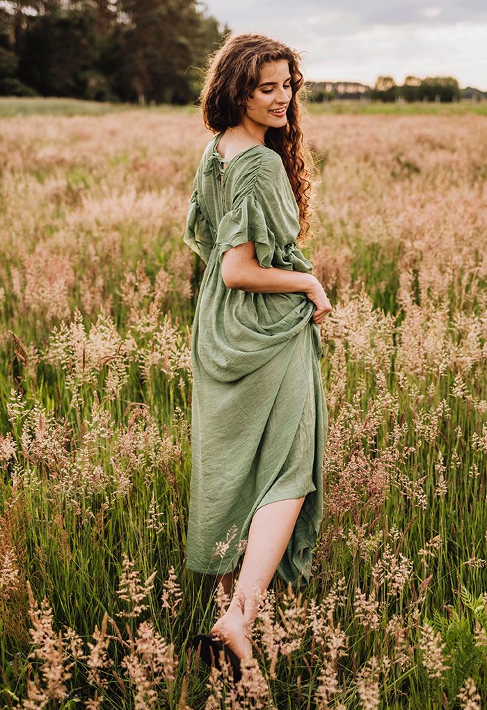 Ruffle Sleeves Deep V-Neck Cover Up in Pea Green