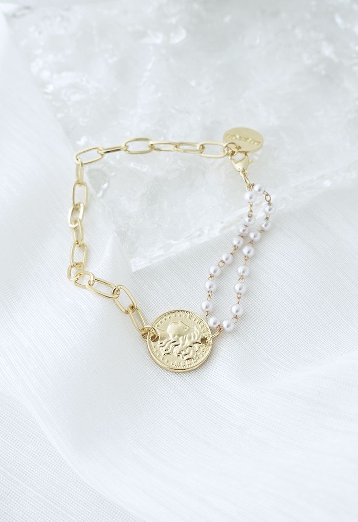 Pearl Golden Coin Paperclip Spliced Bracelet
