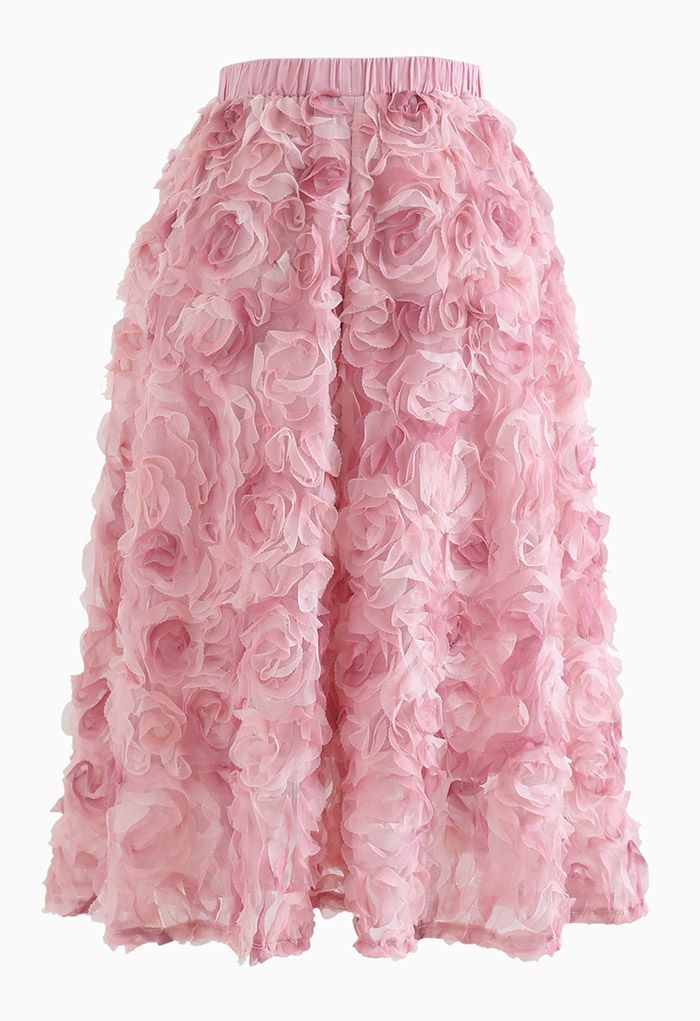 3D Pinky Rose Mesh Tulle Skirt