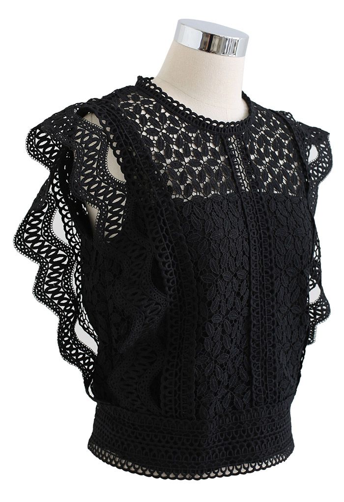 Falling Leaf Crochet Sleeveless Top in Black