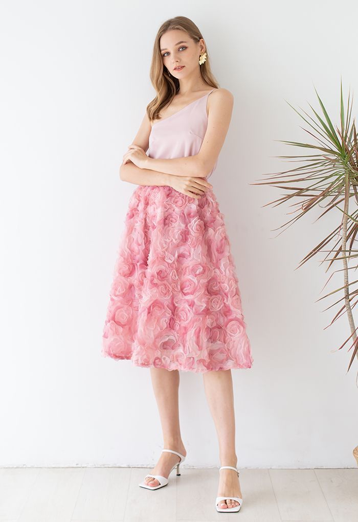 3D Pinky Rose Mesh Tulle Skirt