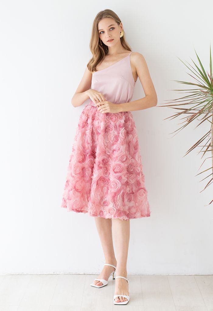 3D Pinky Rose Mesh Tulle Skirt