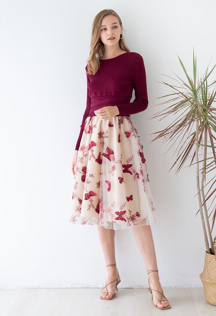 3D Butterfly Mesh Spliced Knit Dress in Red