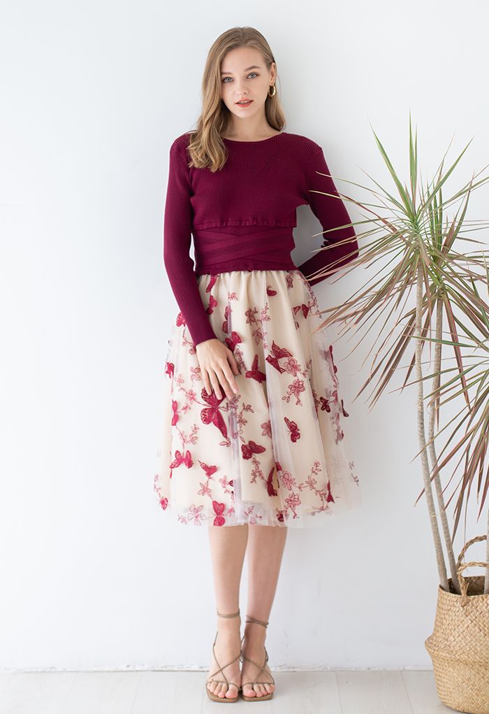 3D Butterfly Mesh Spliced Knit Dress in Red