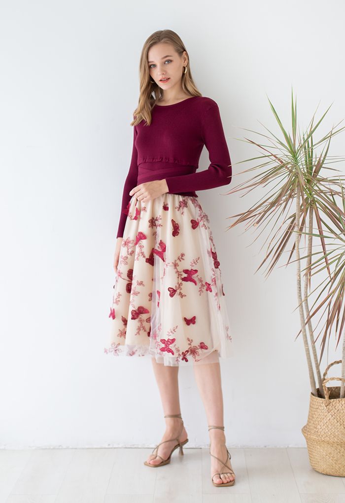 3D Butterfly Mesh Spliced Knit Dress in Red