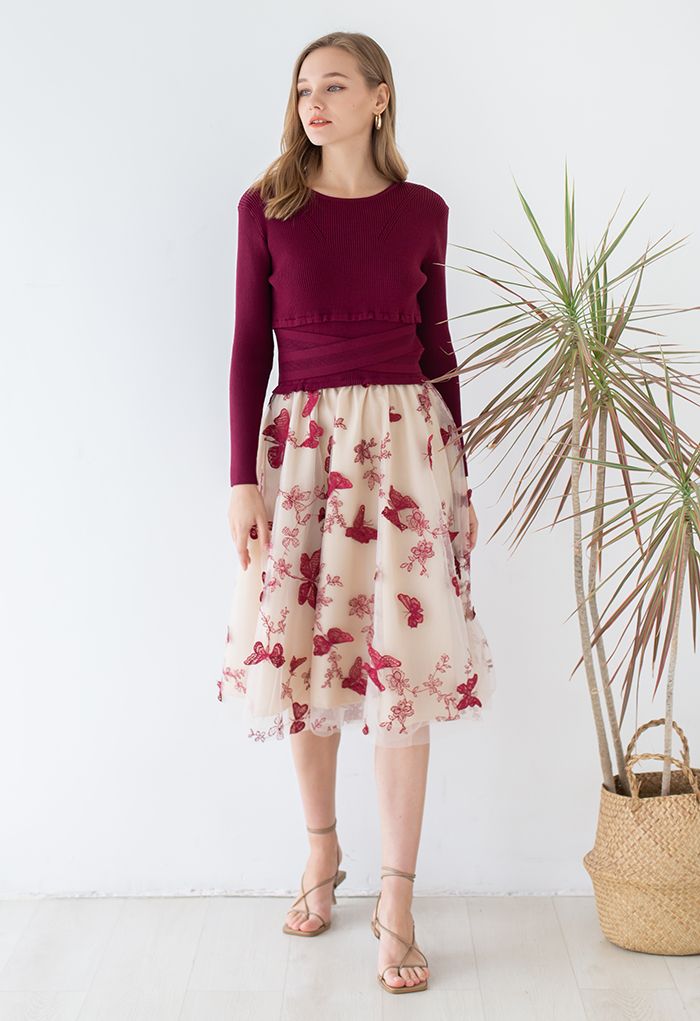3D Butterfly Mesh Spliced Knit Dress in Red
