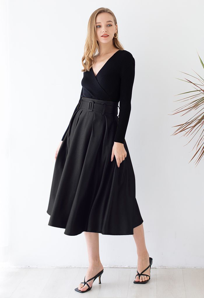 Belted Texture Flare Maxi Skirt in Black