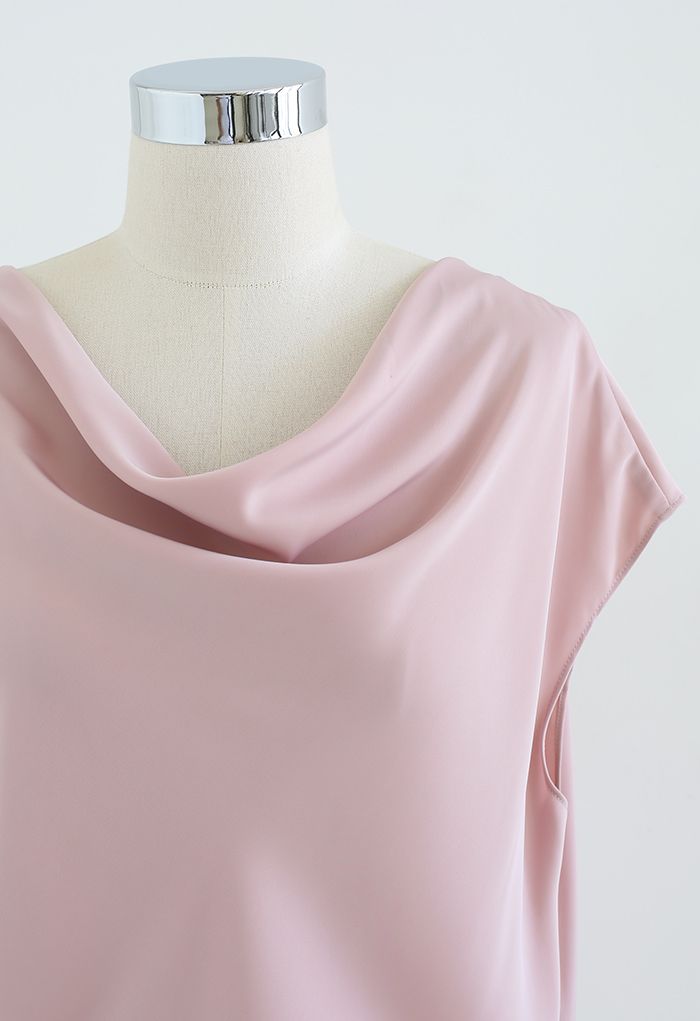 Ruched Drape Satin Sleeveless Top in Pink