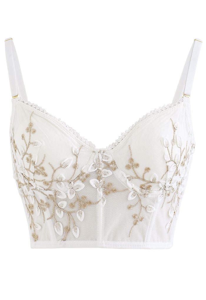 Branch Embroidered Mesh Bra Top in White