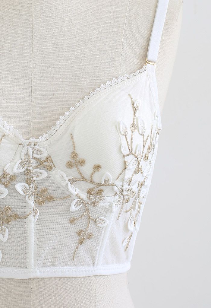 Branch Embroidered Mesh Bra Top in White