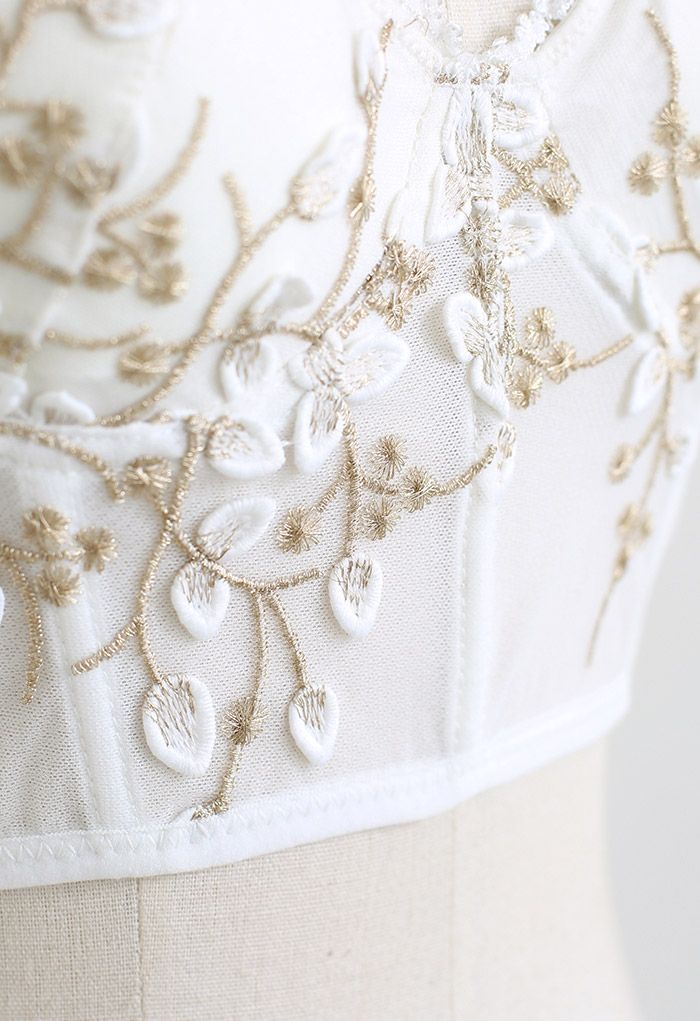 Branch Embroidered Mesh Bra Top in White