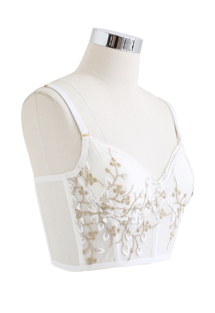 Branch Embroidered Mesh Bra Top in White