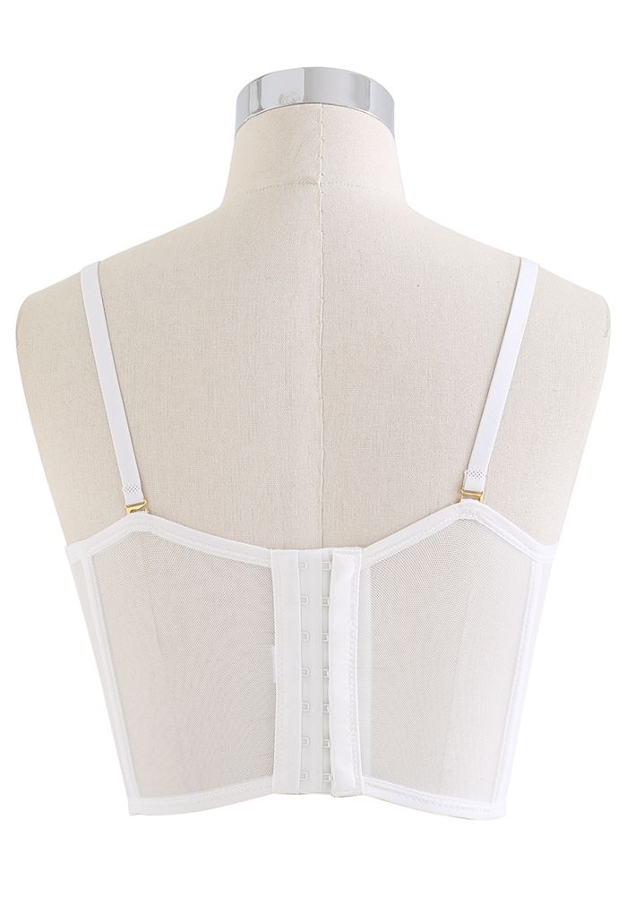 Branch Embroidered Mesh Bra Top in White
