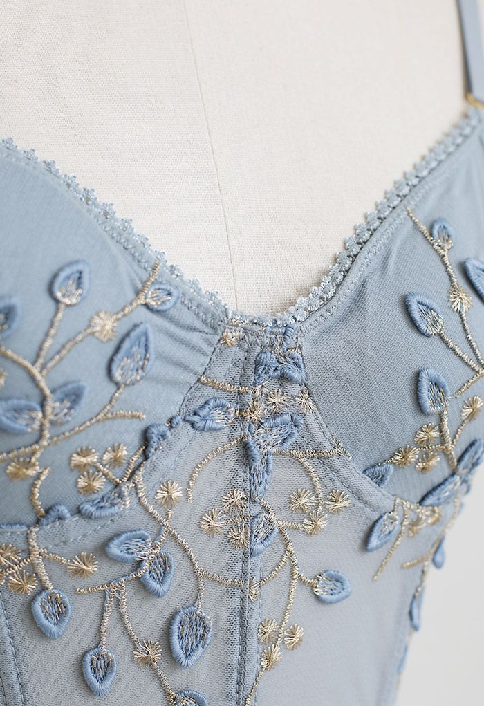 Branch Embroidered Mesh Bra Top in Dusty Blue