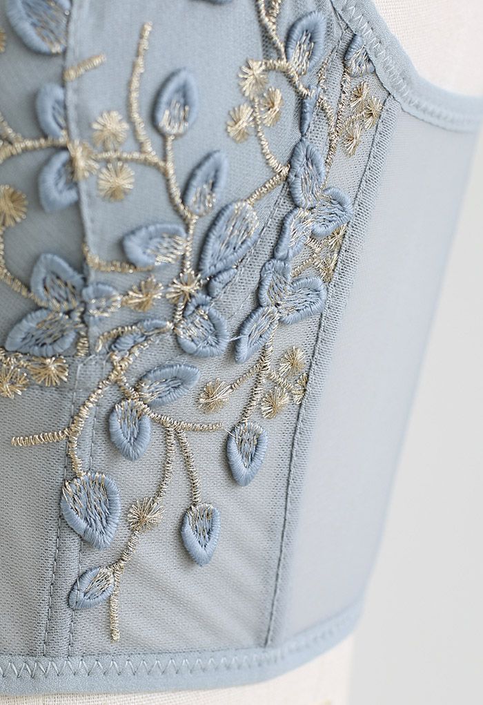 Branch Embroidered Mesh Bra Top in Dusty Blue