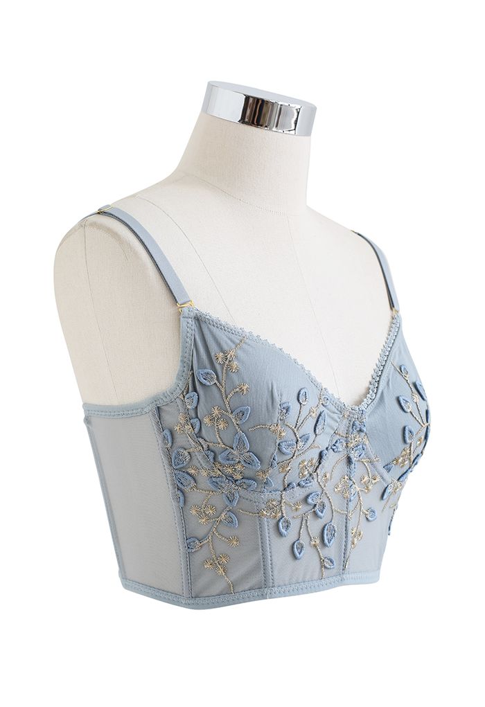 Branch Embroidered Mesh Bra Top in Dusty Blue
